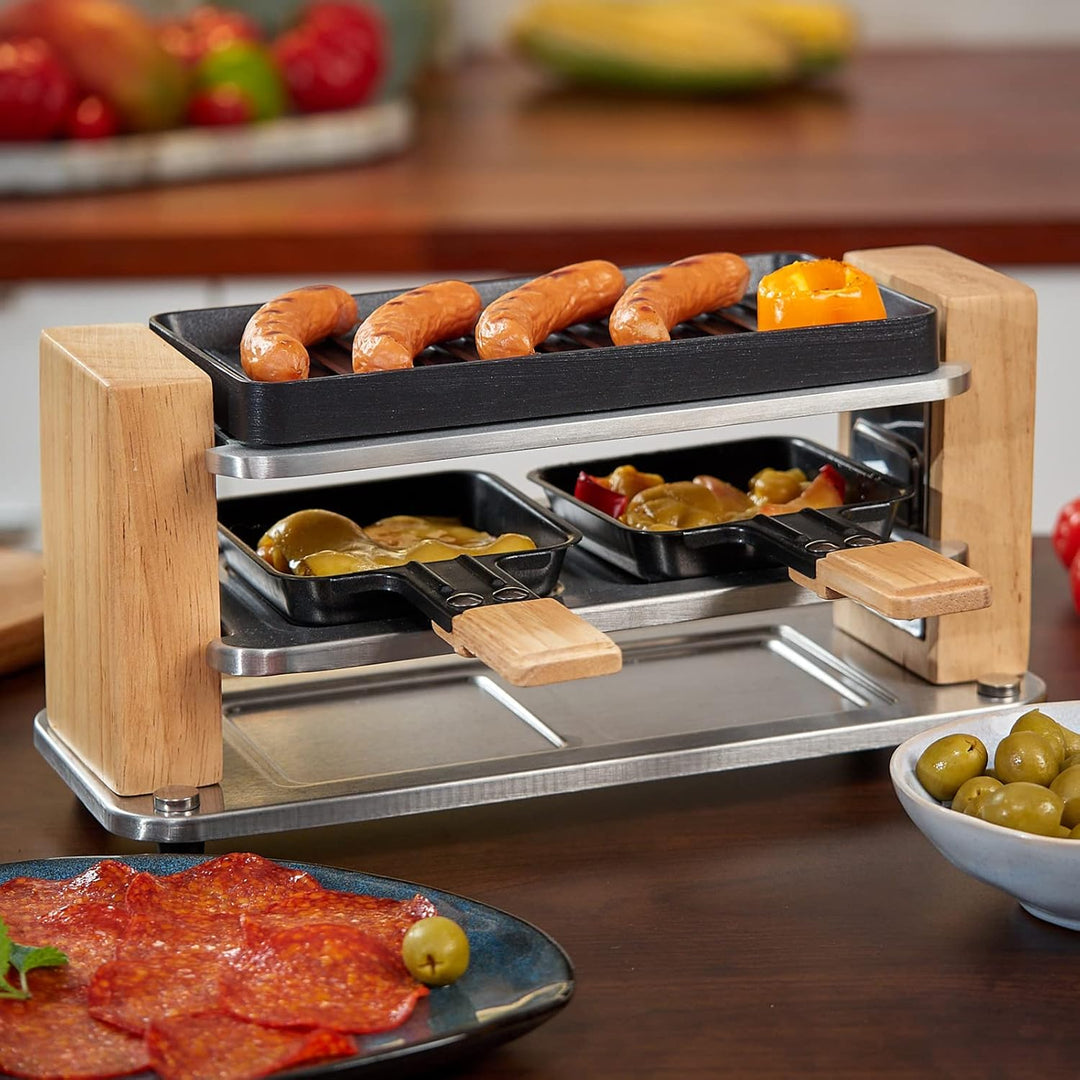 Raclette Grill 2 Personen mit Antihaft beschichteter gestreifter Grillplatte, Mini Grill Raclette mi