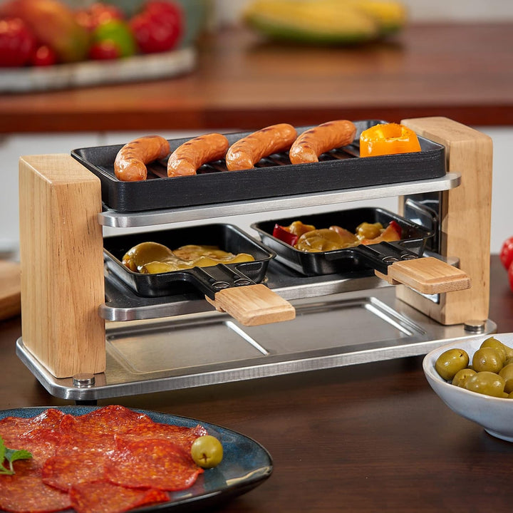 Raclette Grill 2 Personen mit Antihaft beschichteter gestreifter Grillplatte, Mini Grill Raclette mi