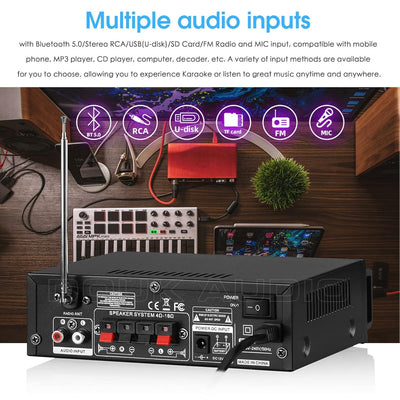 Dual-MIC Bluetooth 5.0 Auto Verstärker Stereo USB-Player FM für Heim-/Autolautsprecher 50W×2