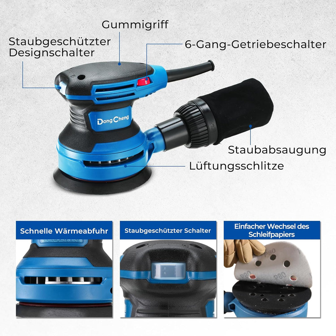 DongCheng Exzenterschleifer 380W, 125mm Schleifmaschine, 6 Geschwindigkeiten 8,000-12,800 U/min mit