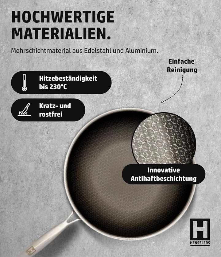 HENSSLERS® Wokpfanne 30cm [EDELSTAHL &amp; ALUMINIUM] - Hochwertige Wok Pfanne geeignet für alle Herdart