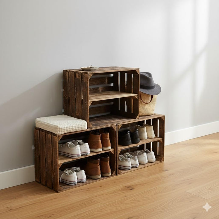 Teramico Holzkisten Obstkisten Weinkisten geflammt dunkel 50 x 40 x 30cm in tollen Set-Angeboten als