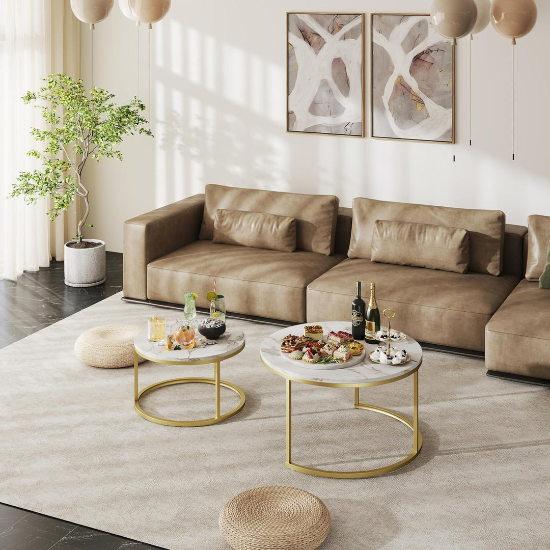 Soayone Couchtisch 2er Set, Marmor Couchtisch Gold, Wohnzimmertisch Weiss, Couchtische Rund, Tisch W