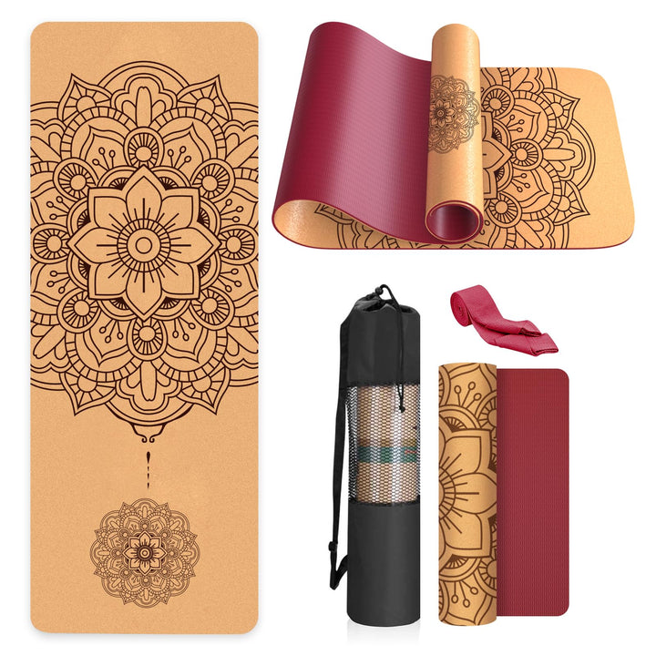 Yogamatte Kork – Rutschfeste Yoga Matte, Einzigartiges Design, Naturkautschuk TPE Gymnastikmatte, Tr
