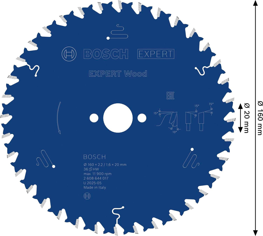 Bosch Professional 1x Kreissägeblatt Expert for Wood (Holz, Sägeblatt Ø 160 x 20 x 1,8 mm, 36 Zähne,
