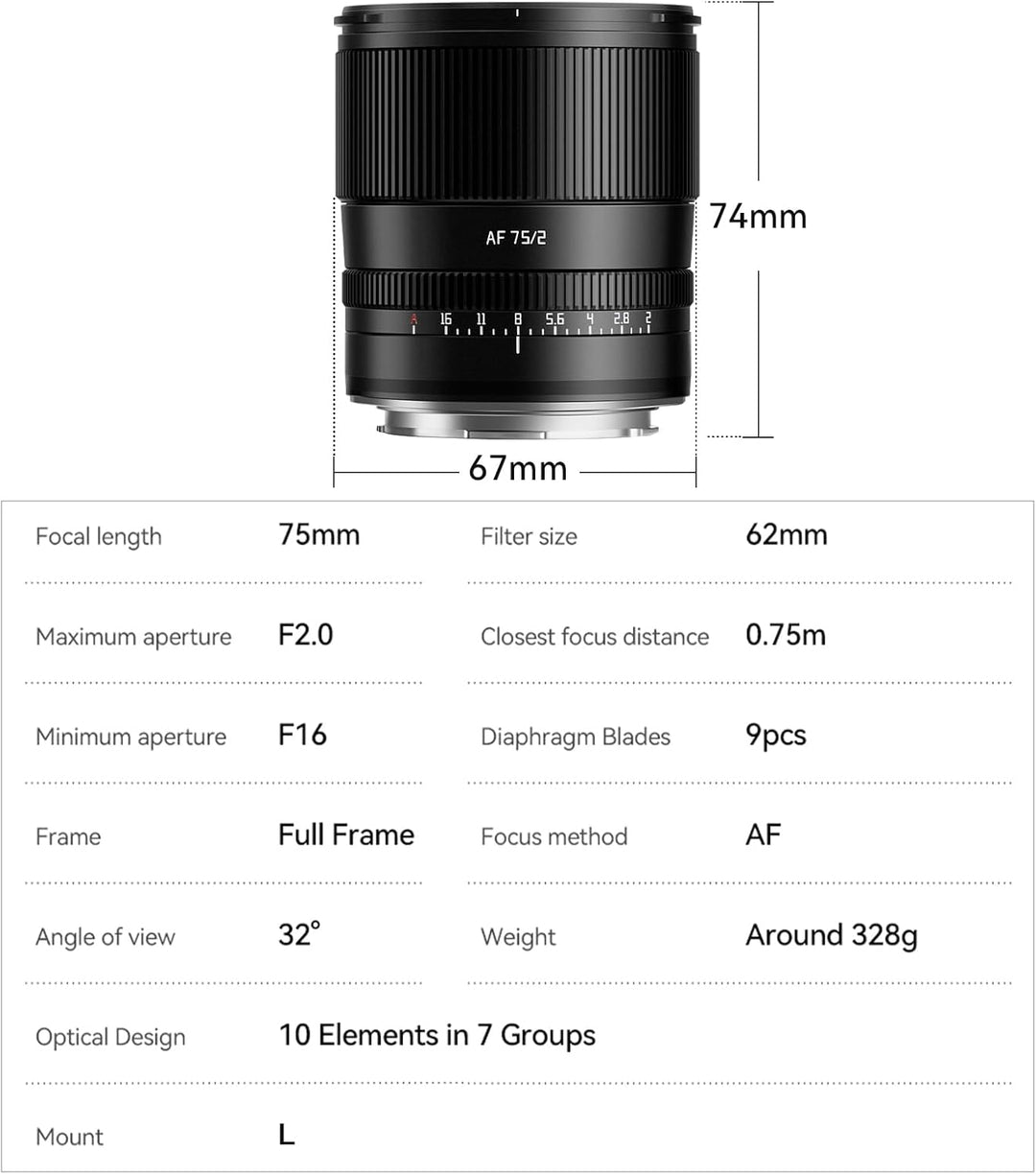 TTARTISAN AF 75mm F2 Vollformat Objektiv L Mount, STM Autofokus Grosse Blende mit Geklicktem Blenden
