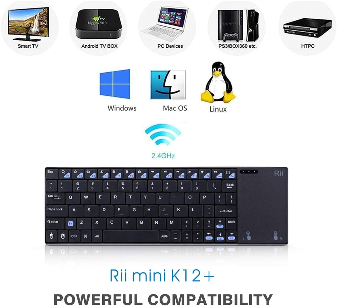 Rii K12+ Mini Wireless Tastatur mit grossem Touchpad Maus &amp; QWERTY Tastatur, Edelstahl, tragbar, kab