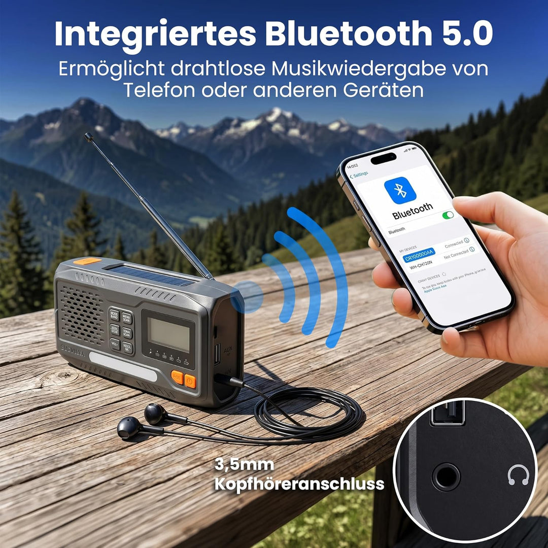 Extralink Kurbelradio Notfallradio mit Solar & Kurbel, Ladefunktion 4500 mAh, FM & DAB Radio mit Blu