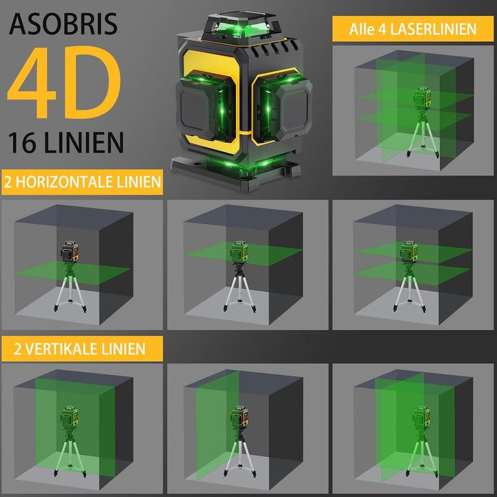 Kreuzlinienlaser mit Stativ,ASOBRIS 16 Linienlaser Selbstnivellierend Laser Wasserwaage mit 2x2400mA