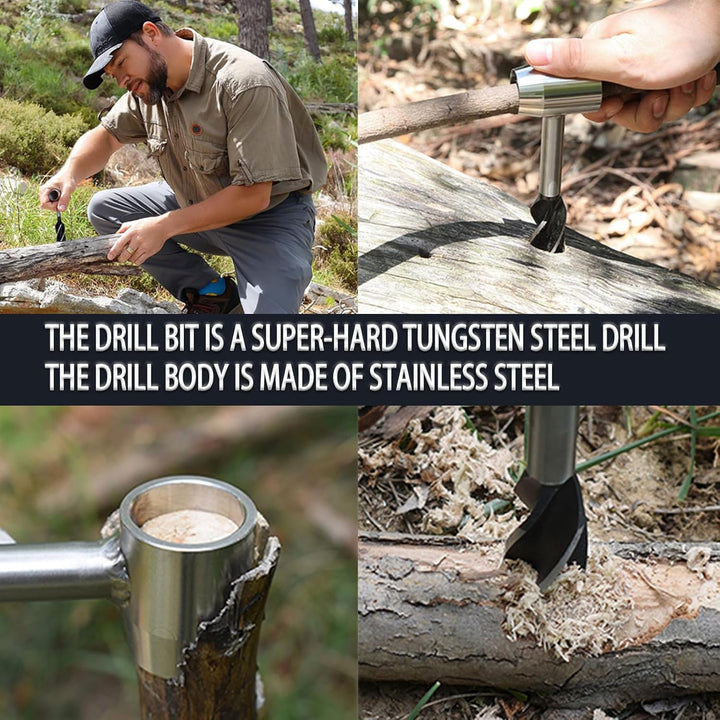 WhaleO Handbohrer Bushcraft, Handbohrer Holz mit Lederhülle,Holzbohrer Outdoor Bohrer Outdoor Surviv