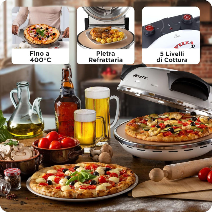 Ariete 918 Pizza in 4 Minuten, Pizzaofen, 1200 W, Schamottstein mit Antihaftbeschichtung, Höchsttemp