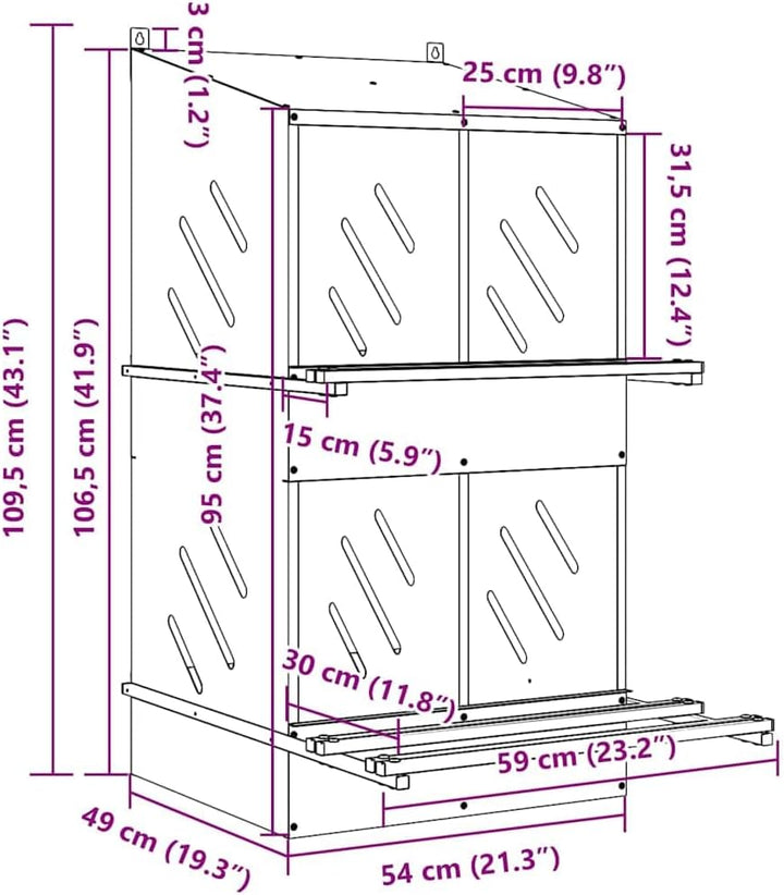 Hühner-Nistkasten aus verzinktem Metall mit 4 Fächern, 54 x 79 x 109,5 cm, mit Sitzstange, Belüftung