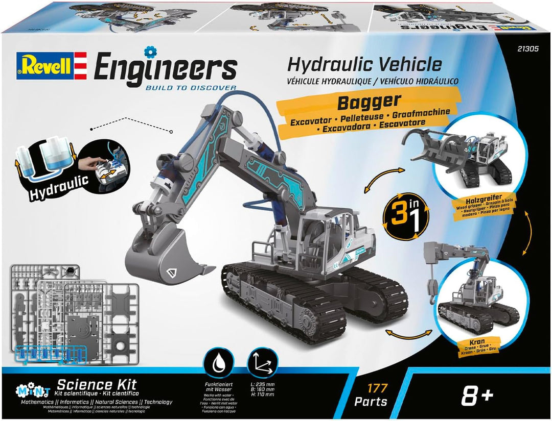 Revell 3in1 Baggerbausatz I Hydraulischer Bagger, Kran und Holzlader I 177 Teile I Mechanischer Kett