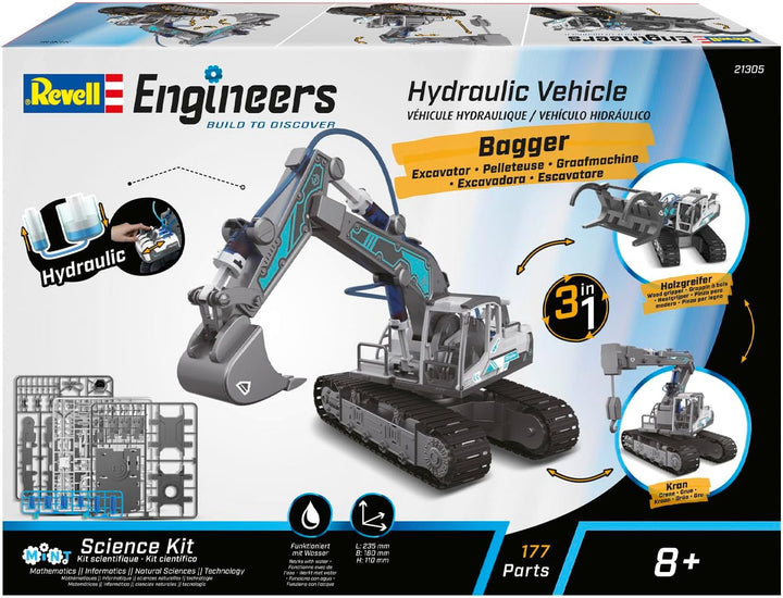 Revell 3in1 Baggerbausatz I Hydraulischer Bagger, Kran und Holzlader I 177 Teile I Mechanischer Kett