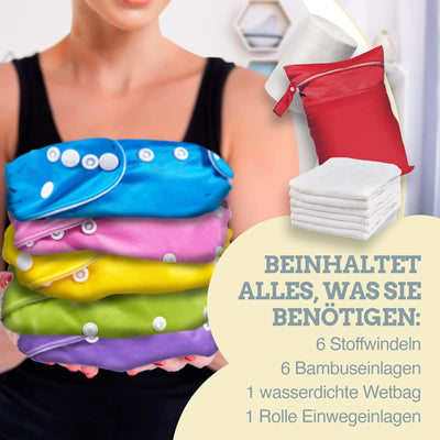 Set aus 6 wiederverwendbaren Windeln - Waschbare Stoffwindeln + 6 Windeleinlagen aus Bambus + 1 Roll