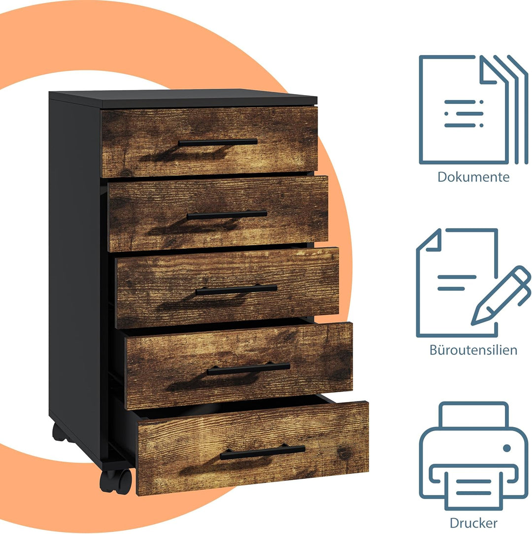 Relaxdays Rollcontainer, 5 Schubladen, HxBxT: 69 x 40 x 40 cm, Aktenschrank auf Rollen, Bürocontaine