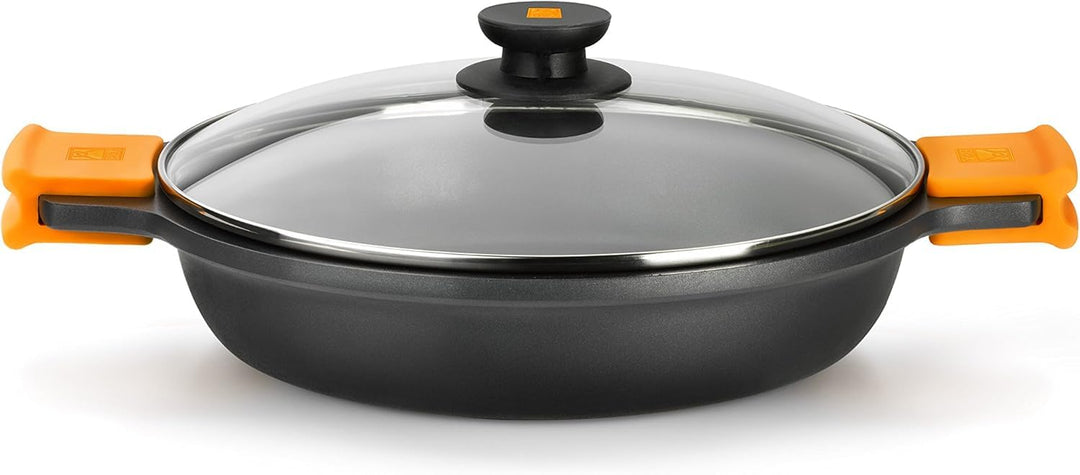 BRA Efficient | Niedriger Kochtopf mit Glasdeckel und Silikongriffen, 28 cm, mit Antihaftbeschichtun