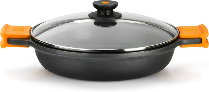 BRA Efficient | Niedriger Kochtopf mit Glasdeckel und Silikongriffen, 28 cm, mit Antihaftbeschichtun