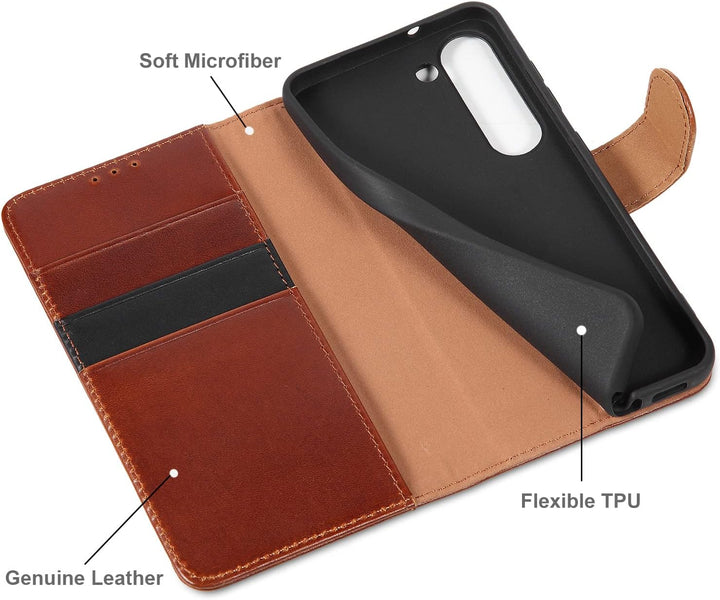 LENSUN Echtleder Hülle für Samsung Galaxy S23, Handyhülle [Echtes Leder] [Magnetverschluss] [RFID Sc