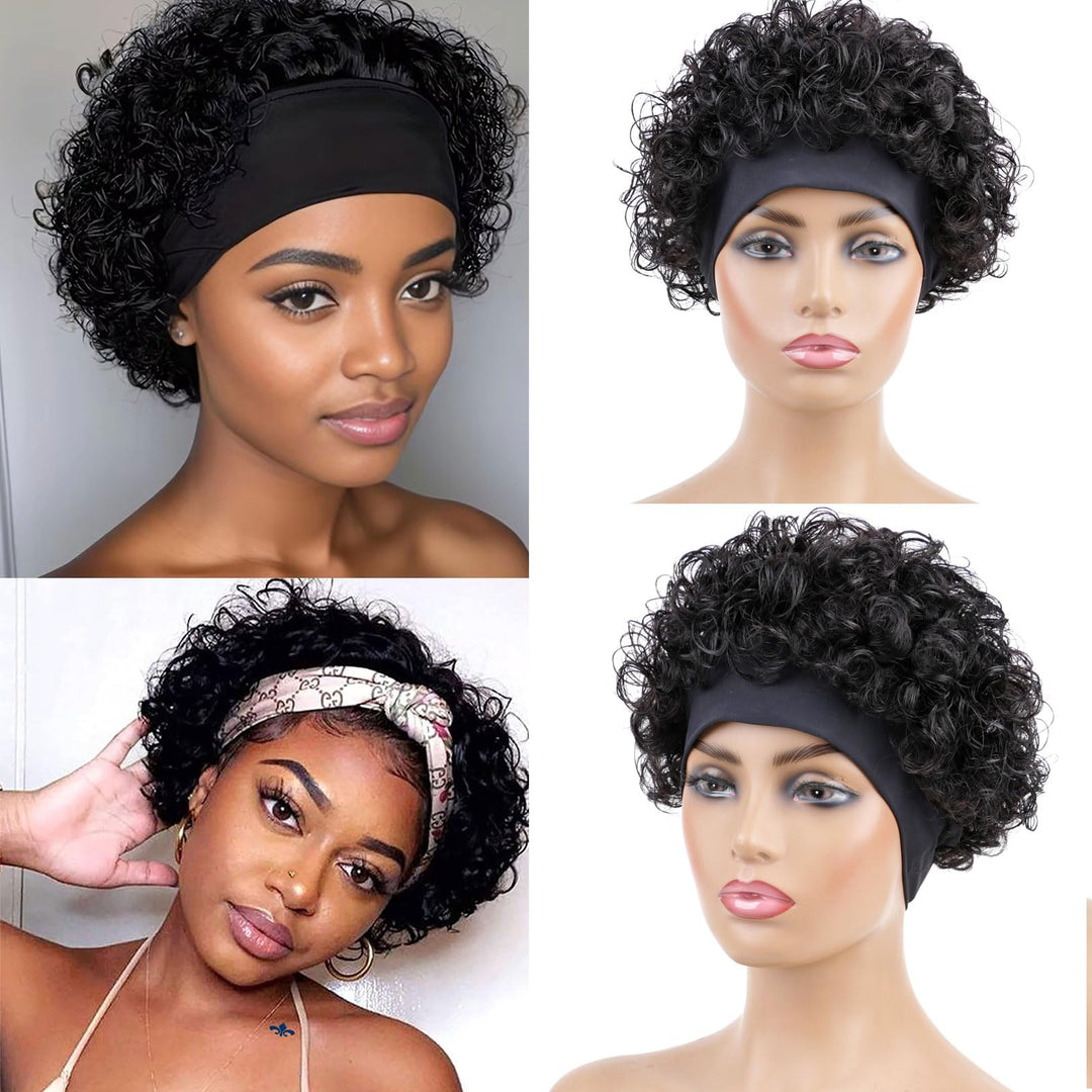 Huarisi Short Curly Pixie Cut Wigs for Women Human Hair Black Headband Bob Wig Glueless None Lace We