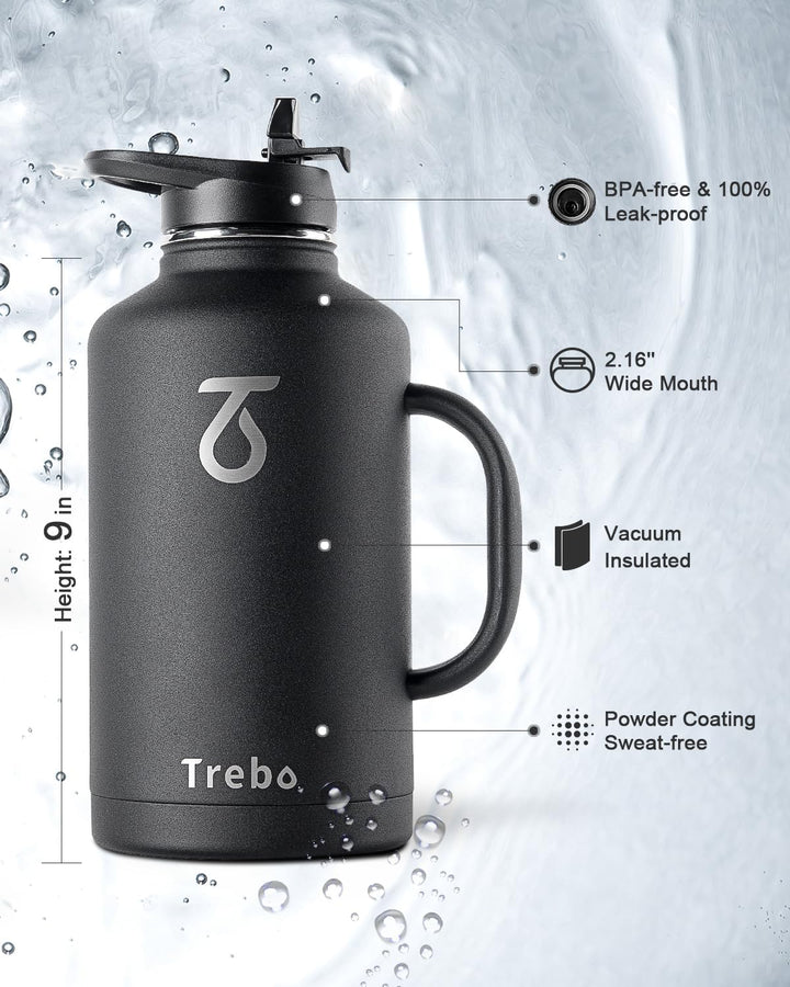 Trebo 1,8 l Wasserflasche isoliert mit Strohhalm und 2 Deckeln, doppelwandig, Vakuum, Edelstahl, Met