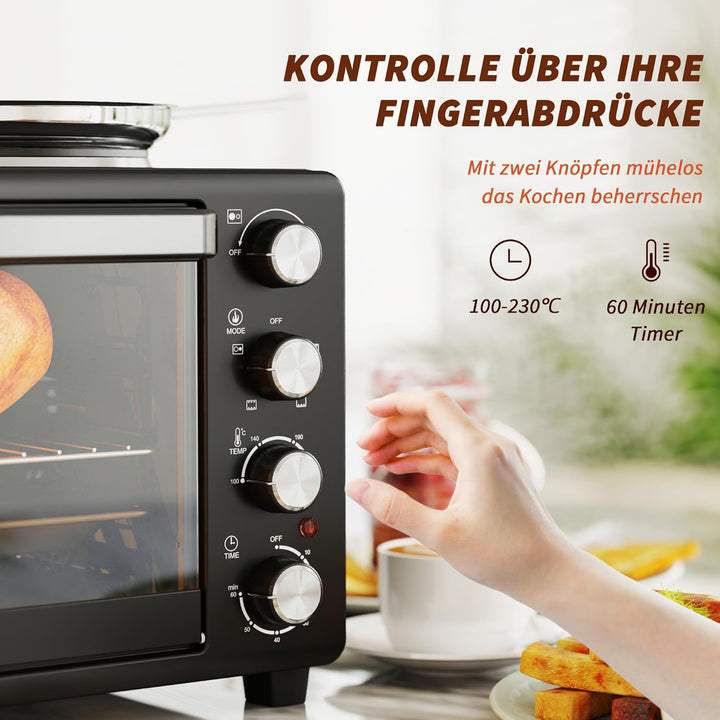 HOMCOM Minibackofen 28 L 2600W 100-230℃ Pizzaofen mit 60 Min. Timer, Grillrost 2 Kochplatten, Backbl