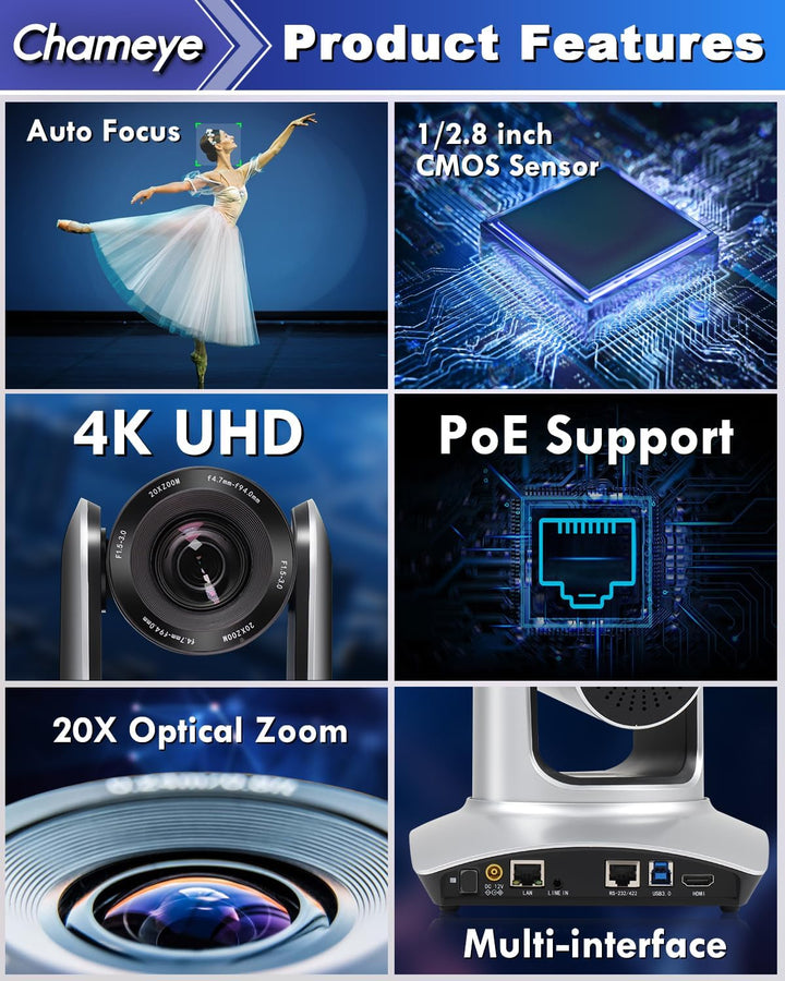Chameye 4K PTZ Kamera 20x Optischer Zoom mit HDMI, USB3.0 Plug und Play, LAN(PoE) für Videokonferenz