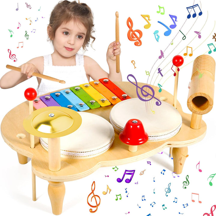 10-in-1 Holz-Musikinstrumente Set – Kinderschlagzeug | Montessori Lernspielzeug mit Xylophon,Trommel
