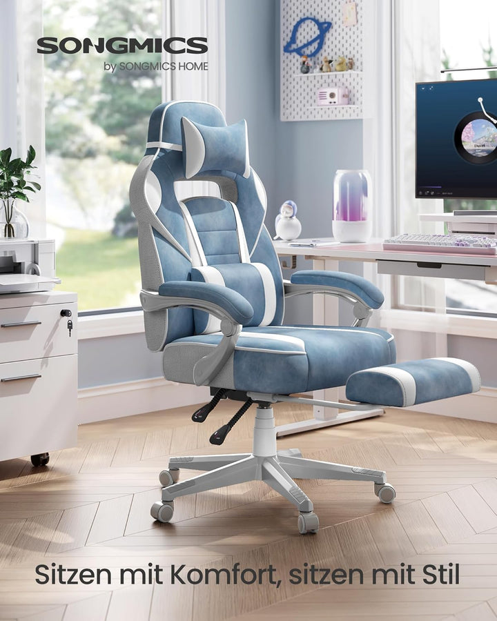 SONGMICS Bürostuhl, Gaming-Stuhl, verstellbar, Teleskop-Fussstütze, Wippmechanismus, Kopfstütze, Len