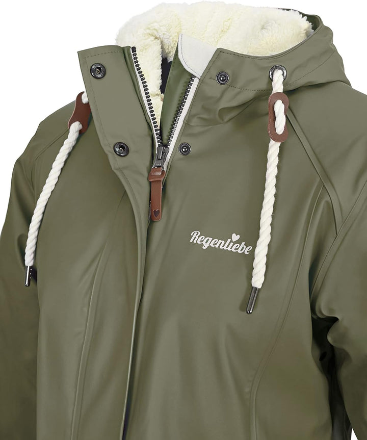 Regenliebe Damen Regenmantel wasserdicht Friesennerz mit Teddyfleece gefüttert 36 oliv, 36 oliv