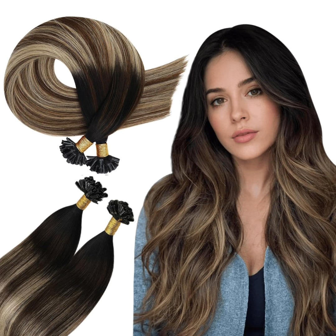 Ugeat Bonding Extensions Echthaar Utip 40cm 1B/4/27 Schwarz zu Dunkelbraun und Karamellblond Keratin