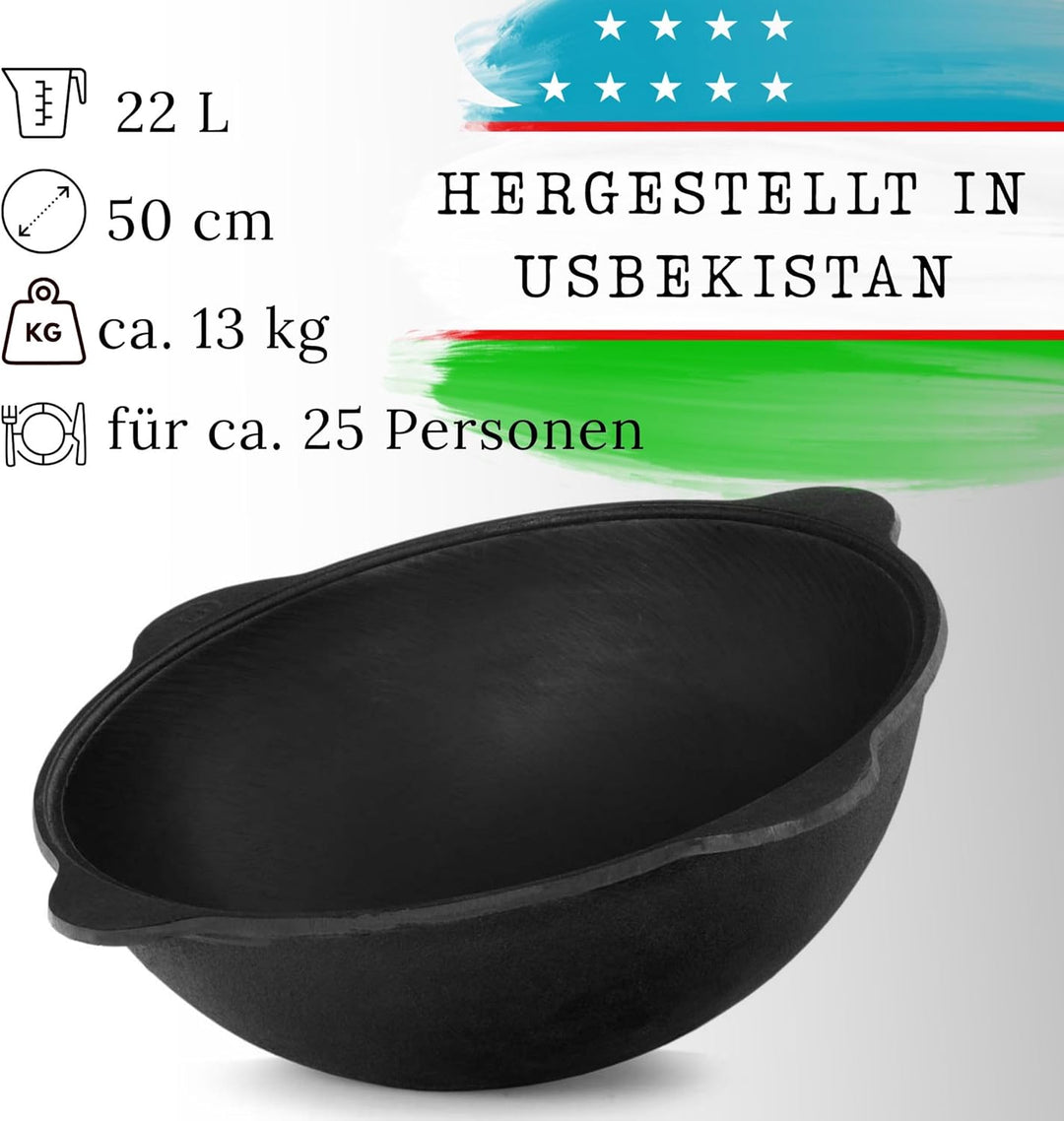 4BIG.fun Kazan aus Gusseisen 22 L mit Schaumkelle NAMANGAN Kasan Uzbekisch mit Deckel Cast Iron KESS