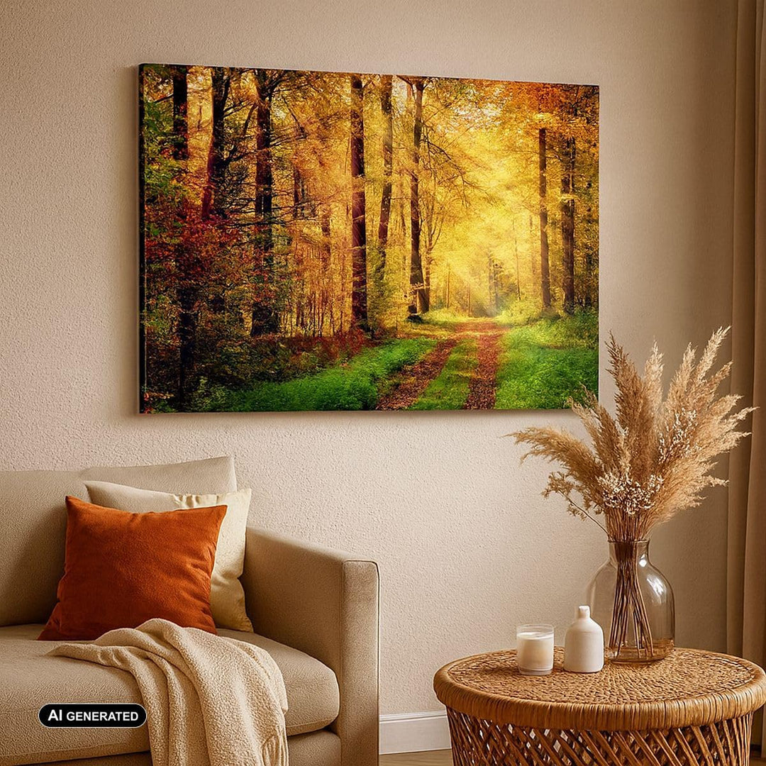 Bilder auf Leinwand 100x70cm Leinwandbild mit Rahmen Wald Baum Natur Gross Wanddeko Bild Schlafzimme