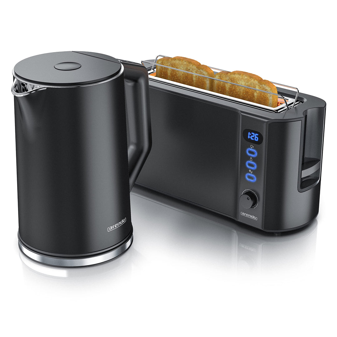 Arendo - Wasserkocher und Toaster im SET Edelstahl Schwarz, Wasserkocher 1,5L 40°-100°C Warmhaltefun