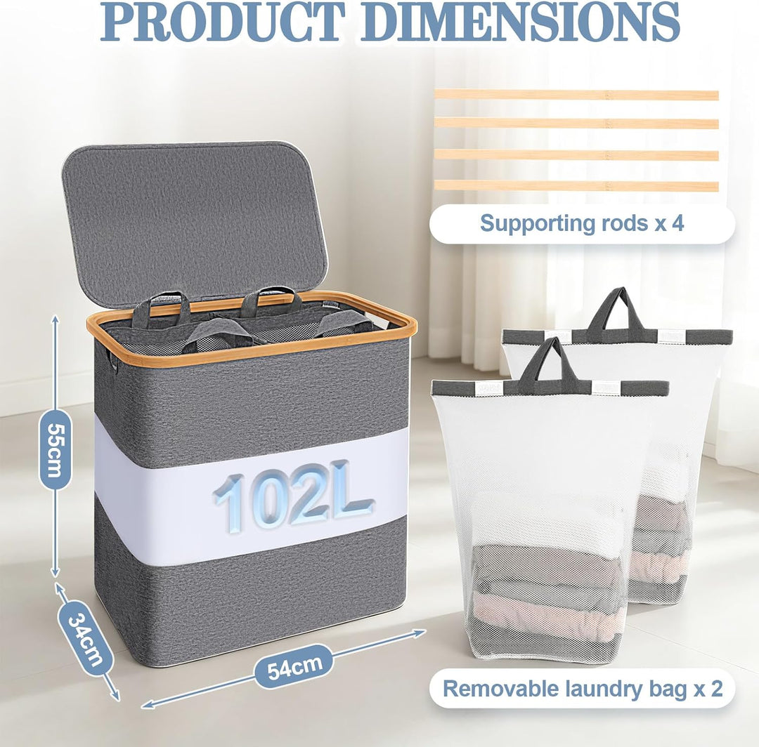 Verdego Wäschekorb mit Deckel, 2 Wäschesack, Wäschesammler, 102L, Grau | Laundry Basket Faltbarer, W