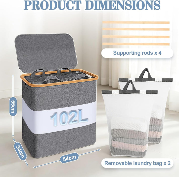 Verdego Wäschekorb mit Deckel, 2 Wäschesack, Wäschesammler, 102L, Grau | Laundry Basket Faltbarer, W
