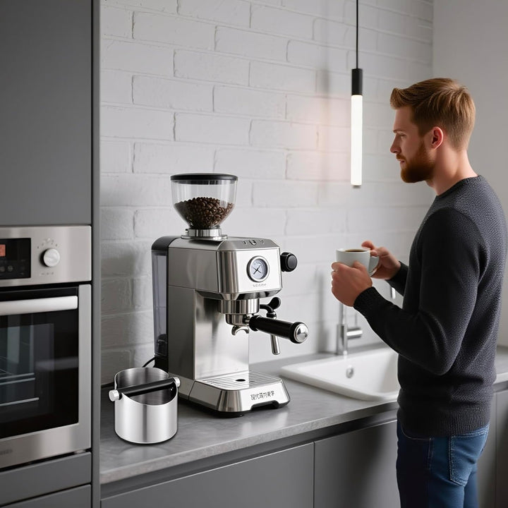 Kaffeeklopfbox mit Bürste, Kaffeesatzeimer aus Edelstahl – Kleine Espresso-Klopfbox, rutschfester Bo