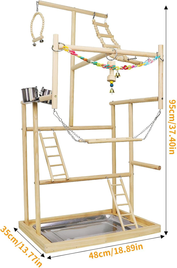 Vogelspielplatz aus Holz,mit Edelstahl-Futterbechern,Bunte Kunststoffkette für Haustiere,für Papagei