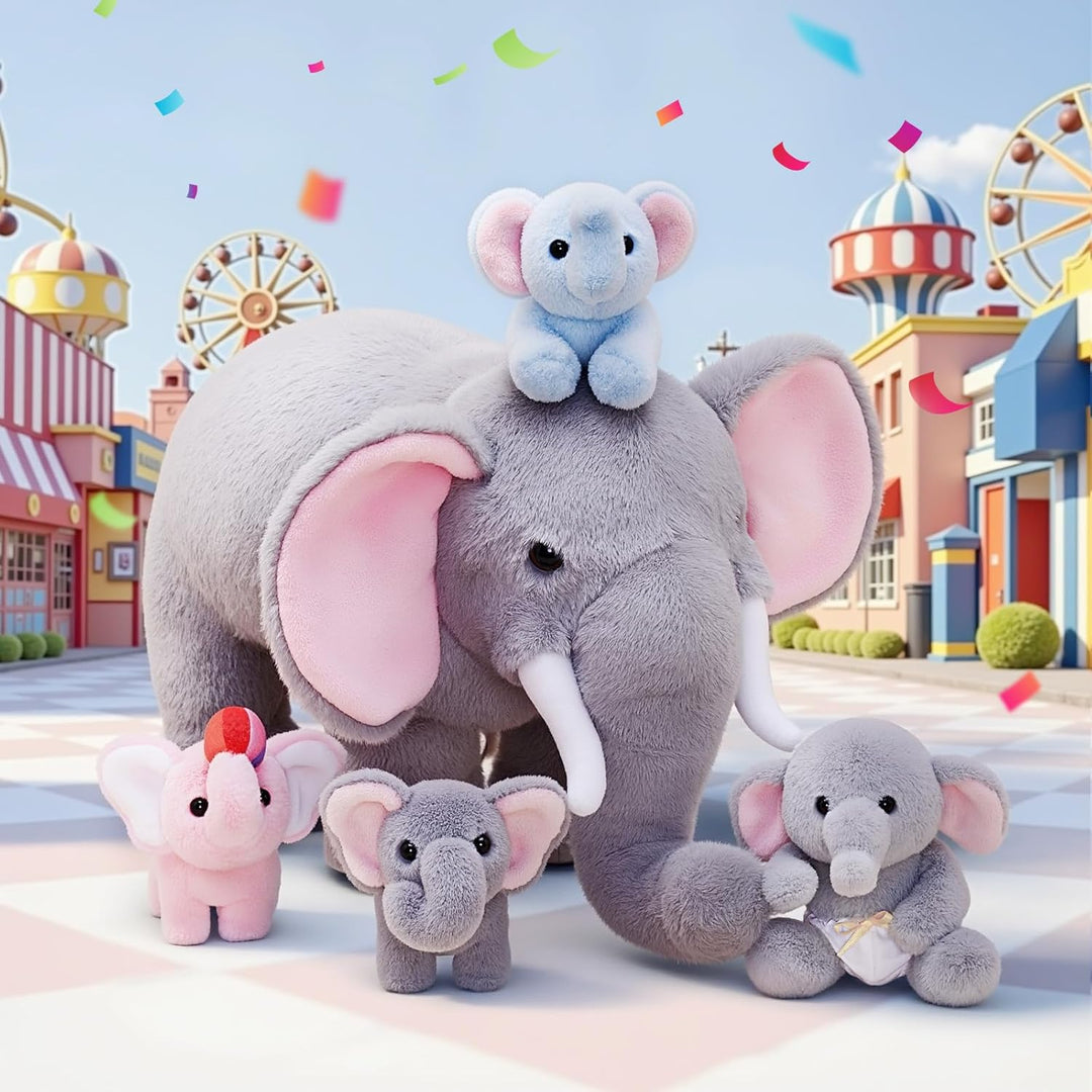 OUOZZZ 5er Set Elefant Kuscheltier Plueschtier Mama mit 4 Babys im Bauch | Interactive Plueschtier-M