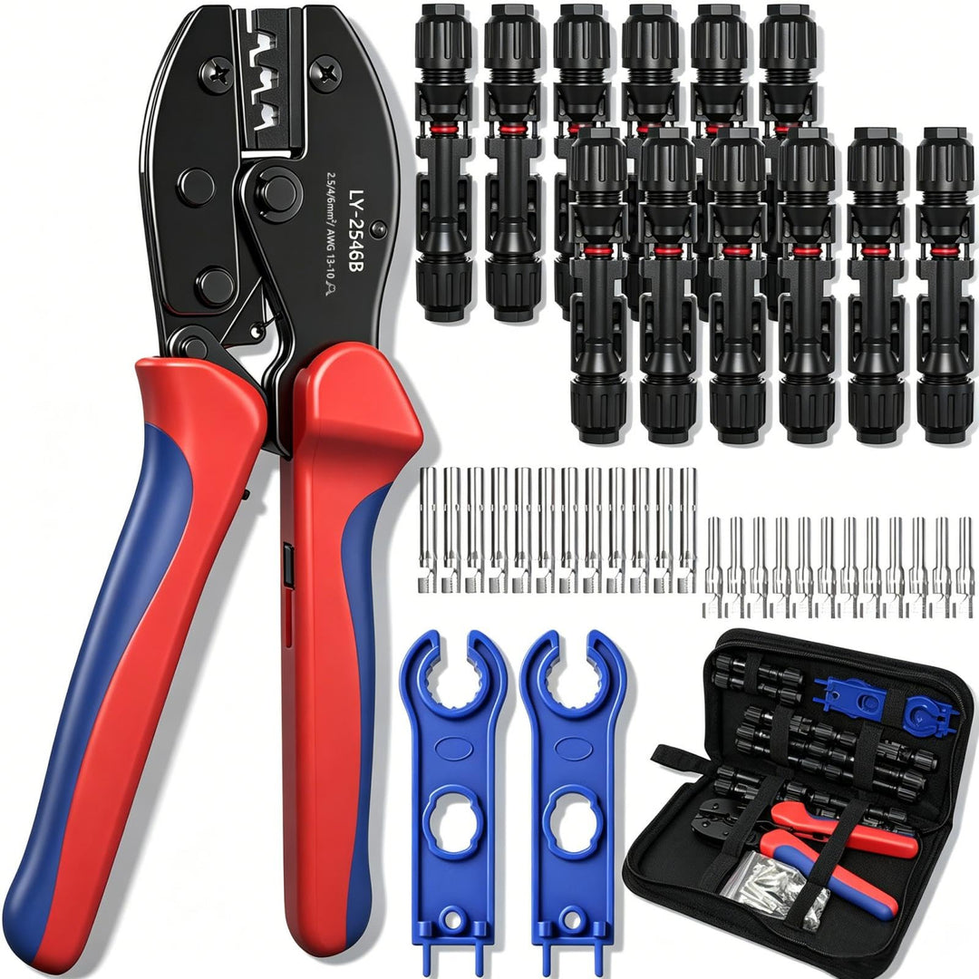 Solar Crimpzange Set für 2.5/4/6mm² PV Kabel, mit 1 MC4 Crimpzangen, 12 Paar Kabelstecker, 12 Paar M
