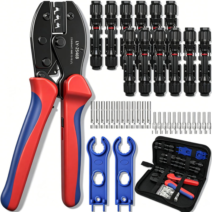 Solar Crimpzange Set für 2.5/4/6mm² PV Kabel, mit 1 MC4 Crimpzangen, 12 Paar Kabelstecker, 12 Paar M