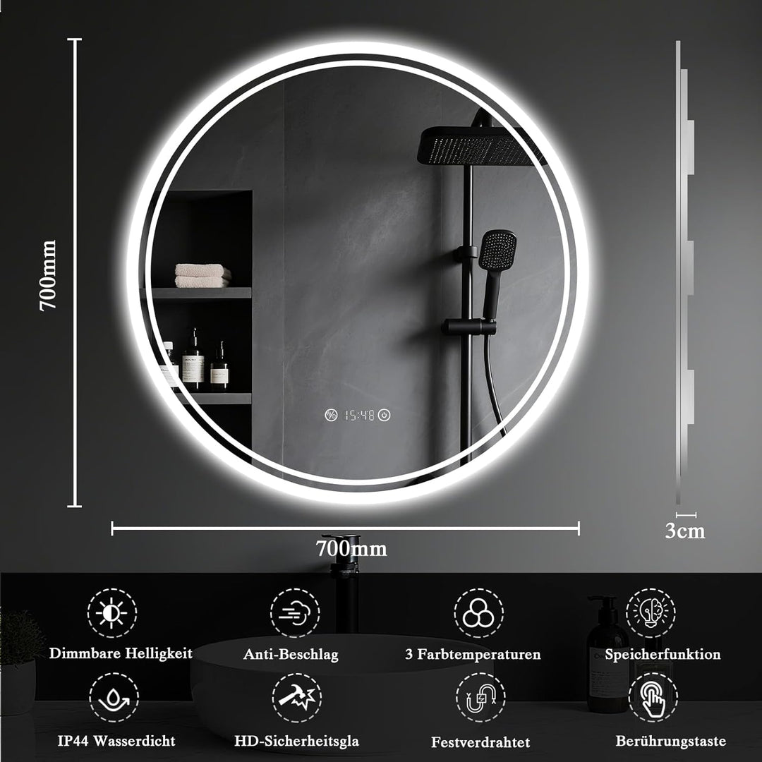 Badspiegel mit Beleuchtung - Badezimmer-Spiegel-LED mit Beschlagfrei, Touch-Schalter, Dimmbar, 3 Lic