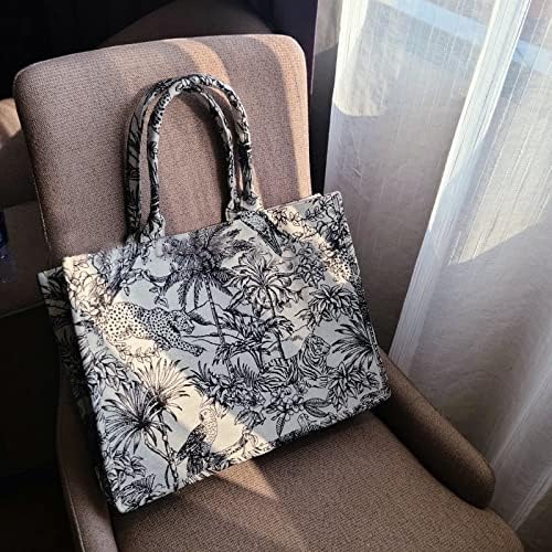 NCDUANSAN Grosse Kapazität Handtasche Leinen Baumwolle Blume Stickerei Retro Exquisite Doodle Mode E