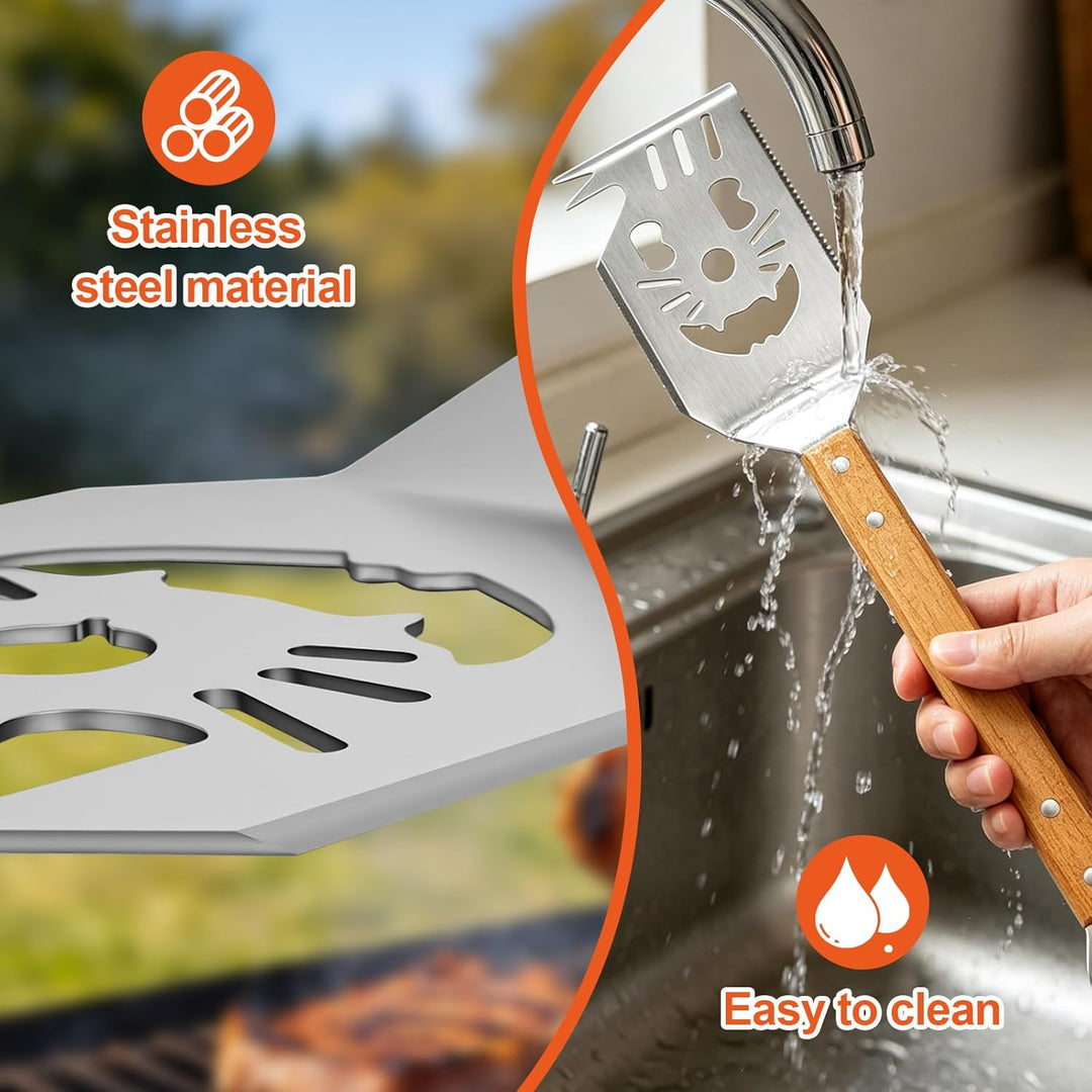 Grillbesteck Set 3-TLG,Grill Zubehör Set mit Extra-Langen Holzgriff und Tragetasche,Edelstahl,Antiro