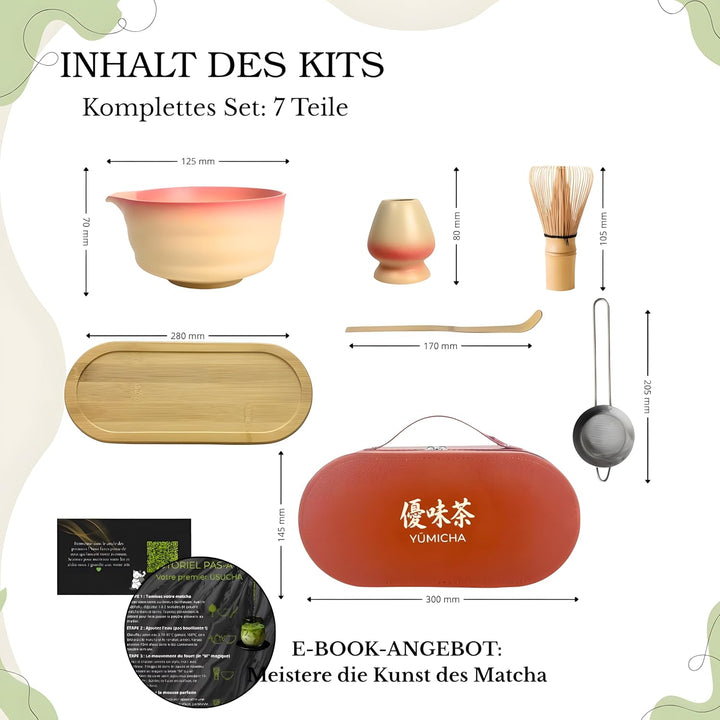 Matcha Set Komplett 7-teilig – Matcha Tee Set mit Schale, Bambusbesen (Chasen), Löffel, Halter & Auf