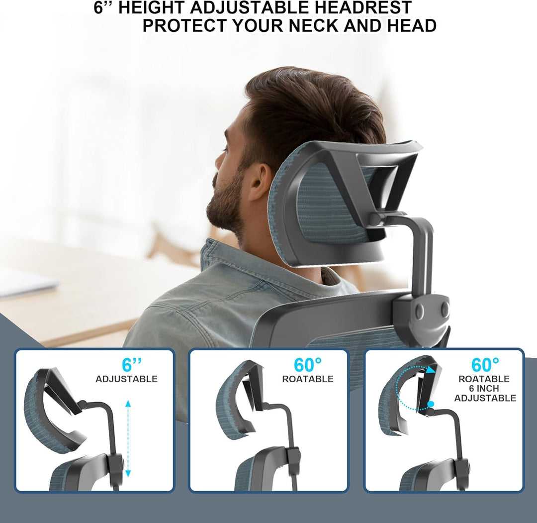 CYKOV Bürostuhl Ergonomisch, PC Stuhl mit Verstellbarer Kopfstütze &amp; Klappbaren Armlehnen, Schreibti