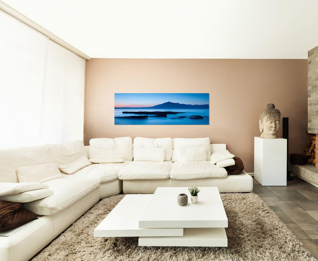 Paul Sinus Art Panoramabild auf Leinwand und Keilrahmen 150x50cm Schottland Berge Felsen Meer Dämmer