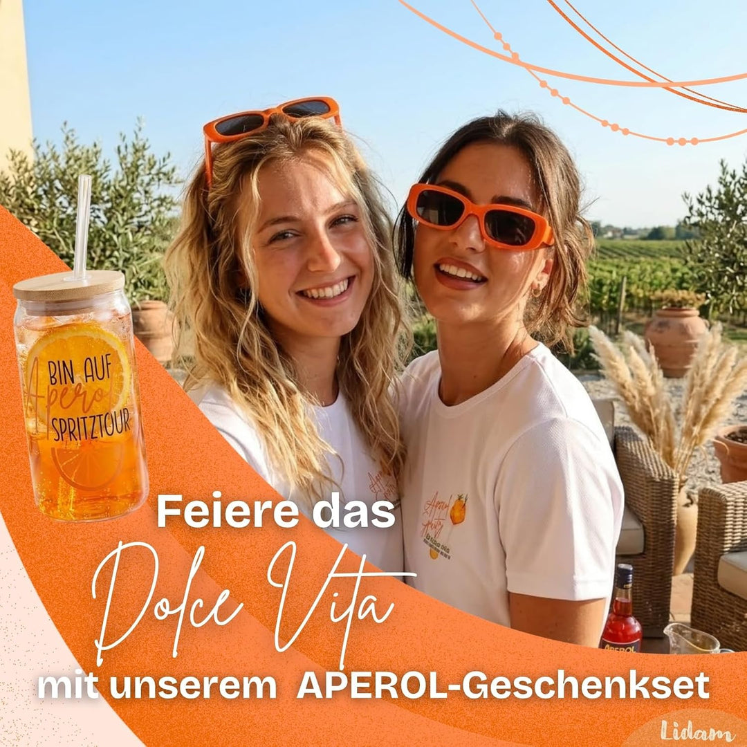 Aperol Spritz Geschenkset | Jutetasche mit Aperol T-Shirt Damen, Trinkglas mit Strohhalm | Sommer Ge