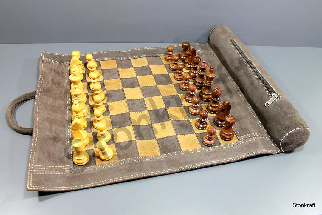 StonKraft 19 "x 15" (Schachbrett Grösse 12 "x 12") Echtes Roll-up Leder Schachspiel - Mit Holz Schac