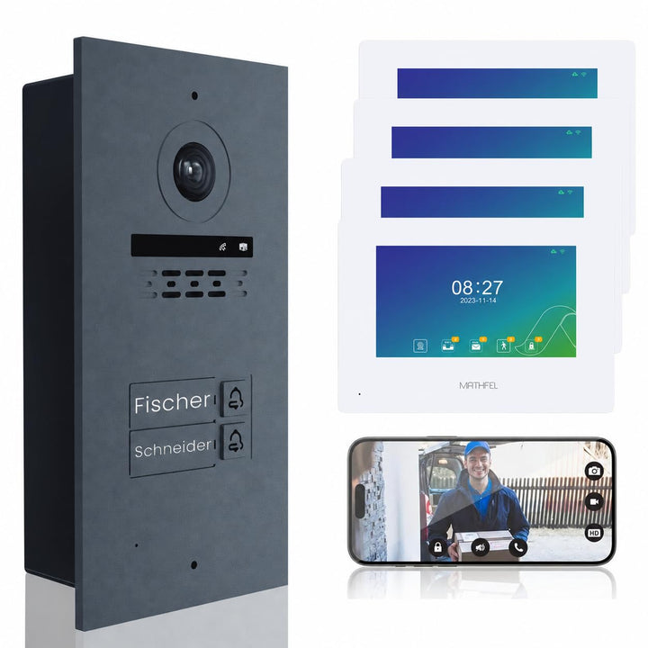 Mathfel 2-Draht Video Türsprechanlage mit Gravur – WLAN Monitor, 2MP HD Kamera, 170° Weitwinkel, Tür